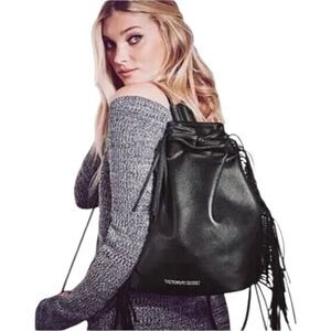 NWT Victoria’s Secret Women's Black Fringe Drawstring Backpack